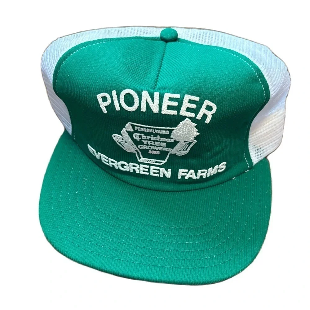Vintage Pioneer Evergreen Farms Trucker Hat Snap Back Green Christmas Tree